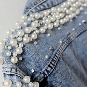 Femmes grande taille décontracté luxe Denim hauts bleu personnalisé à manches longues perle veste respirant à la mode perle Jean vestes - Product Image 3