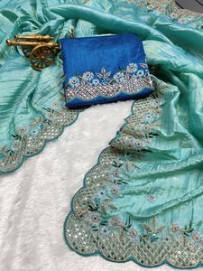 Tela de oro puro de nuevo diseñador con trabajo de bordado de codificación y Sari de bordes de corte de arco increíble para mujeres - Product Image 5