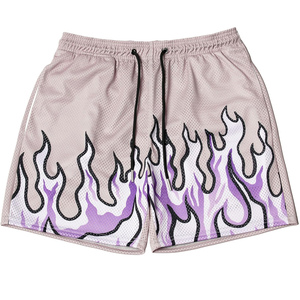 Pantalones cortos de baloncesto beige personalizados, estampado de llama púrpura, tela de malla sublimada, cintura elástica transpirable, pantalones cortos deportivos con cordón - Product Image 1