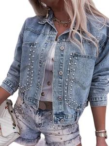 Trendy Regular Denim <b>Jacket</b> for Women <b>Short</b> Jean Coat Button-Up Streetwear Blue Quilted Breathable Woven - Product Image 2