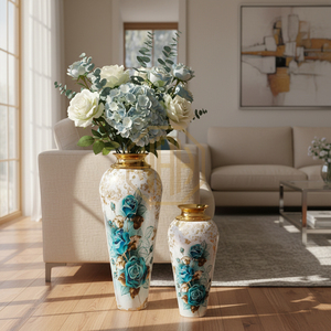 Luxury Iron <b>Floor</b> Flower <b>Vase</b> Blue Floral Enamel Finish with Embossed <b>Gold</b> Neck Decorative Metal <b>Vase</b> for Home Hotel Decor - Product Image 3