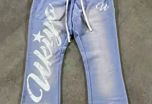 Heavyweight Drawstring Custom <b>100</b>% Cotton French Terry Screen Printing Waist Acid Wash Sun Faded Track Pants Stacked Sweat Pants - Product Image 6