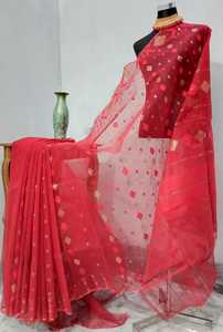 Exclusivo Deshi Dhakai naranja Jamdani Sharee calidad de exportación para mujeres JAMDANI tela rojo verde dorado cielo azul de Bangladesh - Product Image 6