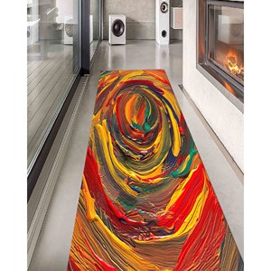 Alfombra estampada con diseño rojo y amarillo: moderna, colorida, lavable a máquina, alfombra delgada no tejida - Product Image 3