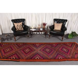 Alfombra turca Kilim de 3,8x12,2 pies rojo naranja tejido plano yute respaldo de látex área grande patrón de retazos para adolescentes para pasillo - Product Image 2