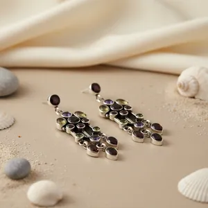 Boucles d'oreilles pendantes géométriques pour femmes, style bohème, en argent tibétain, améthyste et alliage multi-pierres, bijoux de fête, boucles d'oreilles tendance - Product Image 3
