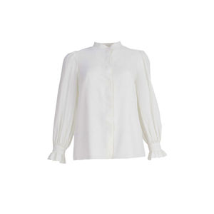 Chiffon Off-<b>White</b> Mandarin Collar Blouse with Ruffled Sleeves for Women - Product Image 1