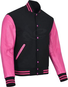 Customized <b>Vintage</b> Men's Wool Cowhide <b>Varsity</b> <b>Jacket</b> with Pink Leather Sleeves Breathable OEM Custom Service for Winter - Product Image 2