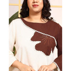 DEEBACO Women's Plus Size Solid Off <b>White</b> Cotton Embroidered Patch <b>Work</b> Co-Ord Set Boat Neck Top and Ankle Length <b>Trouser</b> Outfit - Product Image 2