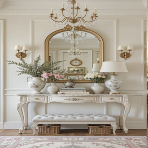 Miroir orné d'or antique et table de console, une pièce de déclaration d'entrée classique avec le stockage. Disponible aux prix de gros. - Product Image 1