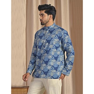 Kurta court en coton popeline bleu imprimé pour homme, chemise décontractée à manches longues, respirante et confortable - Product Image 4