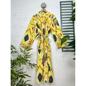 Luxury Unisex Robe Luxury Velvet House <b>Kimono</b> <b>Jacket</b> Reversible <b>Silk</b> Lined Elegant Ikat Yellow Malibu Bluish XL Perfect Autumn - Product Image 1