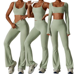 Nouveau design 4 pièces Gym Fitness Yoga ensembles respirant entraînement sport soutien-gorge à manches longues débardeurs évasés Leggings Gym Active Wear - Product Image 1