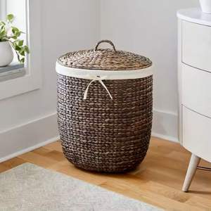 Handmade <b>Water</b> <b>Hyacinth</b> <b>Basket</b> with Leather Wrapped Handles for Decorative Storage and Home Organization - Product Image 3