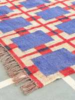 Tapis Kilim en laine tissé à la main moderne Boho Tapis à motif géométrique bleu rouge et à grille Tapis plat pour la décoration du salon