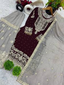 Présentation de la nouvelle collection de créateurs en fausse georgette pure et lourde avec codage de broderie lourde Dori-Sequence Work Top-Bottom - Product Image 5