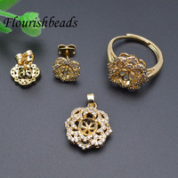 Ensemble de boucles d'oreilles en laiton plaqué or 18K CZ pavé creux fleur de Rose pendentif ensemble pour bijoux de bricolage