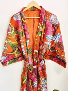Kimono de edredón Kantha hecho a mano para mujer, estampado de Color naranja, excelente calidad, 100% algodón Natural disponible, precio a granel, India - Product Image 3