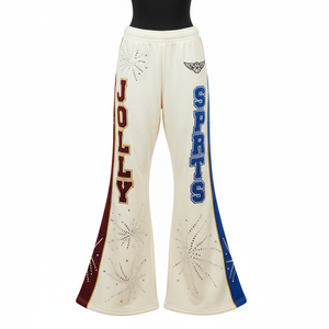 Women Flare Pant 300 GSM Cotton Blend Fleece Cream Color Contrast Side Panel Design Custom Heat Press Logo Women's Pant - Product Image 6