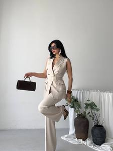 Conjunto de chaleco blazer elegante sin mangas para mujer con cinturón y pantalones de pierna ancha, color sólido, cuello con muescas, diseño de doble botón - Product Image 4