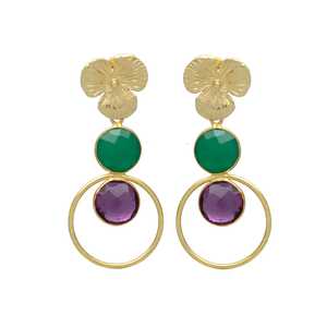 Pendiente de gota circular de piedras preciosas de amatista y ónix verde con cabeza de flor, pendiente de piedras preciosas, pendiente hecho a mano - Product Image 1