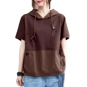 100% Cotton T Shirts Women Casual <b>Patchwork</b> Hooded Short Sleeve <b>Tops</b> Summer Trend Loose Oversized Tee Shirt Y2k Breathable - Product Image 1