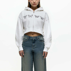 Trendy Womens Washed Cropped Zip Hoodie with <b>Zipper</b> Closure and Drawstring Hood Ideal for Streetwear Outfits - Product Image 4