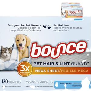 Feuilles de séchage Bounce Mega pour linge et tissus, anti-poils d'animaux et anti-bouloches, adoucissant textile avec 3X anti-poils, non parfumé - Product Image 1