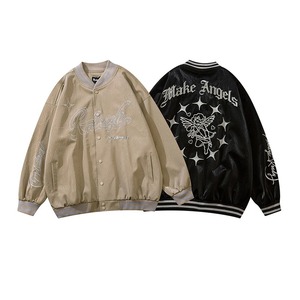 แจ็กเก็ตหนัง PU สำหรับผู้ชายย้อนยุคเสื้อเบสบอลทรงหลวมสไตล์ปักลายดอกไม้กามเทพขนสัตว์สูงใส่ได้ทั้งชายและหญิงเสื้อโค้ทลำลอง - Product Image 4