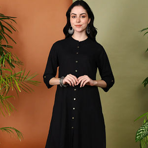 Kurta Droite en Coton Slub pour Femmes avec Palazzo Imprimé Kalamkari Longueur Mollet Col Mandarin Manches Trois Quarts Noir - Product Image 1