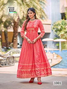 Anarkali Women Dress <b>Red</b> Color 3/4 Sleeve Floral Pattern Rayon <b>Fabrics</b> - Product Image 2