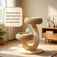 Arbre à chat à 2 niveaux en rotin naturel avec poteau à gratter en sisal, lit pour chat à structure en bois robuste avec coussin moelleux et jouet suspendu en forme de nuage