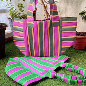 Sac à provisions en nylon réutilisable écologique avec fermeture à glissière RPET Sacs de plage en plastique recyclé tissé à la main fabriqués en Inde - Product Image 1