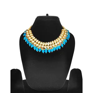 Conjunto de Collar Kundan Azul Cielo Oscuro Chapado en Oro, Joyería Nupcial Fina Vintage con Cuentas Multicolores y Rubí para Boda - Product Image 2