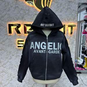 Top Sale Professional Manufacturer <b>black</b> Zipper Hoodie Rhinestone Zip up Jacket Vintage Washed Men <b>Fleece</b> Streetwear Hoodie - Product Image 1