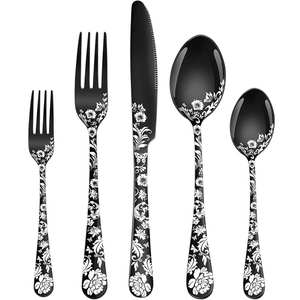 Ensemble de couverts de luxe en acier inoxydable de style américain avec poignées à grille noires et blanches de haute qualité Ensemble de 5 pièces en argent - Product Image 4