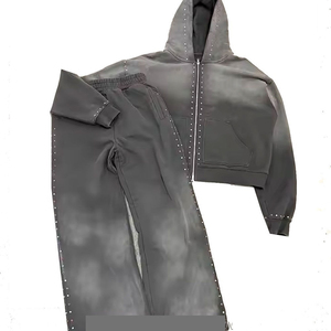 Survêtements évasés pour hommes de haute qualité, délavés au soleil, fabriqués en tissu French Terry 100% coton, vêtements de rue d'hiver, survêtements avec strass - Product Image 1
