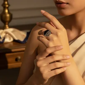 925 Sterling Silver <b>Black</b> Onyx <b>Ring</b> for <b>Women</b> Statement Fine Jewelry with Natural Stone Rhodium Plated Cut Set Inlay Technology - Product Image 1