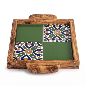 Aesthetic Square Handmade Disposable Olivewood & Ceramic Tile Ottoman Serving <b>Tray</b> for Modern Coffee Table Decor - Product Image 1