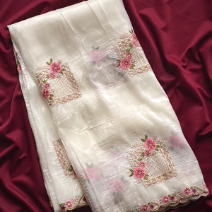 Sari de seda de papel de diseñador pakistaní indio, borde de trabajo cortado con blusa de contraste, ropa de boda de fiesta elegante Sari elegante - Product Image 1
