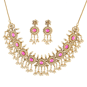 Handmade Antique South Indian Style Pearl <b>Necklace</b> Set With Matte Gold Plating 214433 for Ladies - Product Image 1