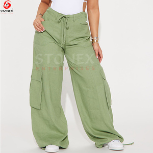 Pantalon Cargo taille mi-haute ceinture élastique poches utilitaires jambe large pantalon personnalisé pour femmes à prix réduit - Product Image 6