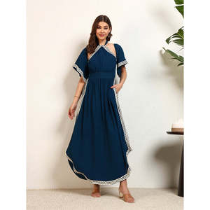 Deebaco Women's Navy Blue Chiffon Maxi <b>Dress</b> With Contrast Binding Cap Sleeve A-Line Boho Style Loose Fit Summer Casual <b>Dress</b> - Product Image 1