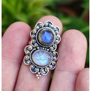 Rainbow Moonstone Labradorite Handmade Boho <b>Ring</b> for Women Classic <b>Statement</b> Dual Gemstone Inlay Styled Sterling Silver Gift - Product Image 3