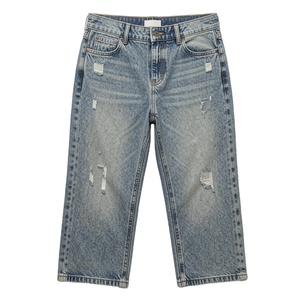 Jeans courts vintage délavés personnalisés pour femme – Coupe décontractée, jambe droite, effet usé, style streetwear, longueur cheville - Product Image 1