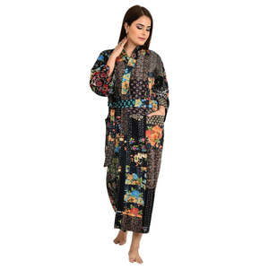 <b>Kantha</b> Stitch 100% Cotton Reversible Long Kimono Women <b>Jacket</b> Handmade Stitch Robe Black Patchwork Print Swimsuit Cover Ups - Product Image 1
