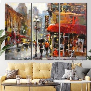 Impresión en lienzo de ciudad abstracta moderna - Elegante obra de arte de un día lluvioso, 3P: Gallery Wrapped - Product Image 1