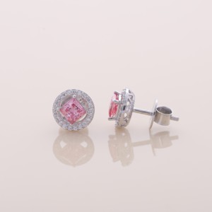 IGI Certified Lab Grown Pink Princess Cut Diamond Round Halo Stud <b>Earrings</b> <b>Solid</b> 925 Sterling <b>Silver</b> Designer <b>Earrings</b> - Product Image 4