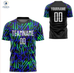 Camiseta de Fútbol Sublimada para Hombre INDEX APPAREL, Cuello Redondo, Manga Corta, Negra, Verde, Azul, Patrón Geométrico, Absorbe la Humedad - Product Image 1