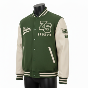 Veste universitaire pour homme de haute qualité, corps en laine 320GSM, manches en cuir PU, panneaux contrastés vert crème, veste universitaire personnalisée en chenille - Product Image 3